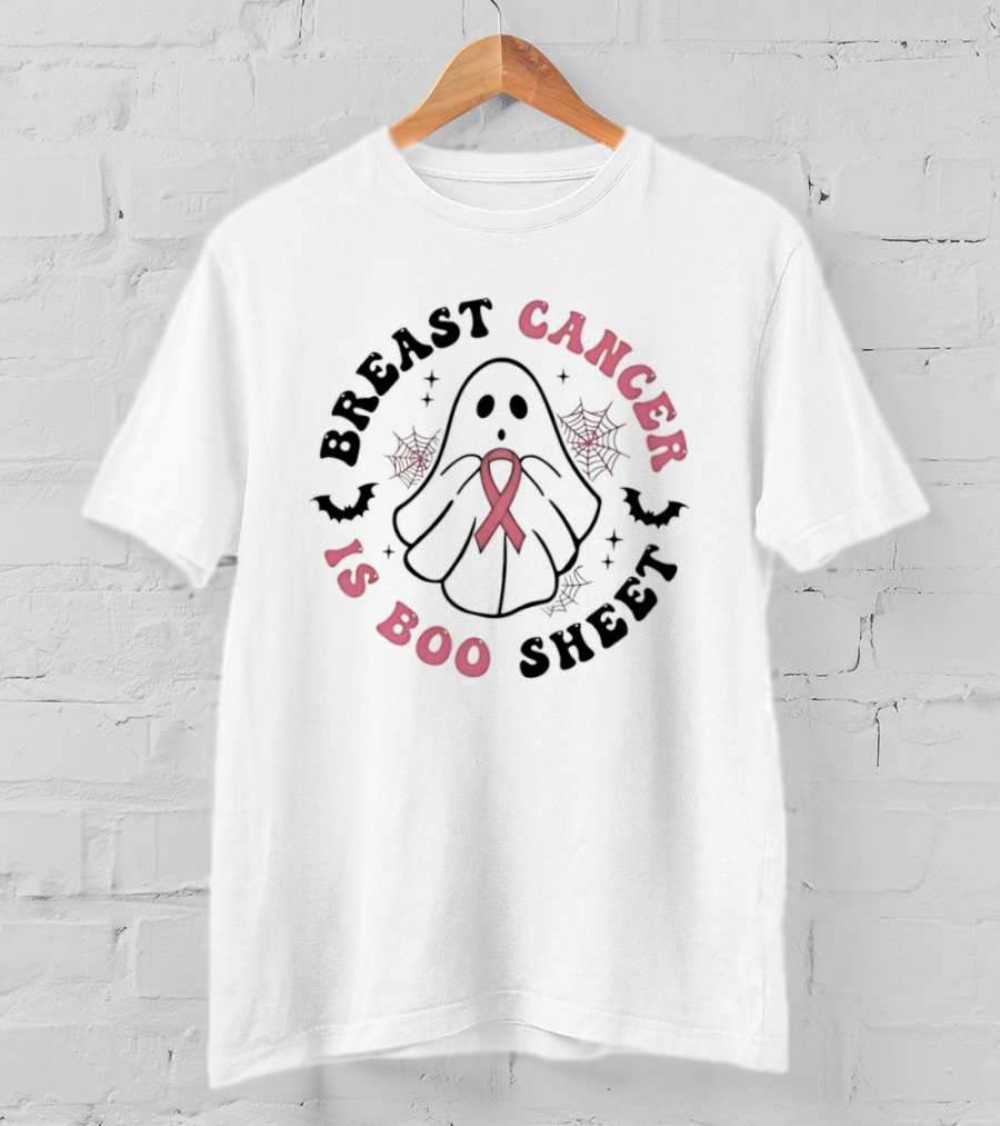 Breast Cancer Awareness Ghost Boo Sheet Ribbon Spooky Webs Bats T-Shirt