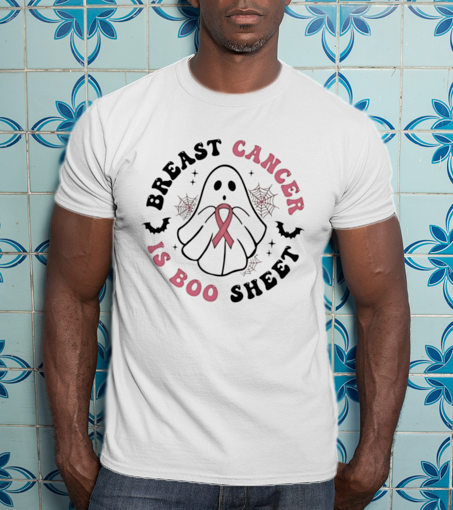 Breast Cancer Awareness Ghost Boo Sheet Ribbon Spooky Webs Bats T-Shirt