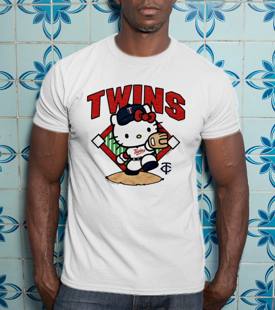 Hello Kitty Twins Baseball Distressed MLB Player Cartoon T-Shirt