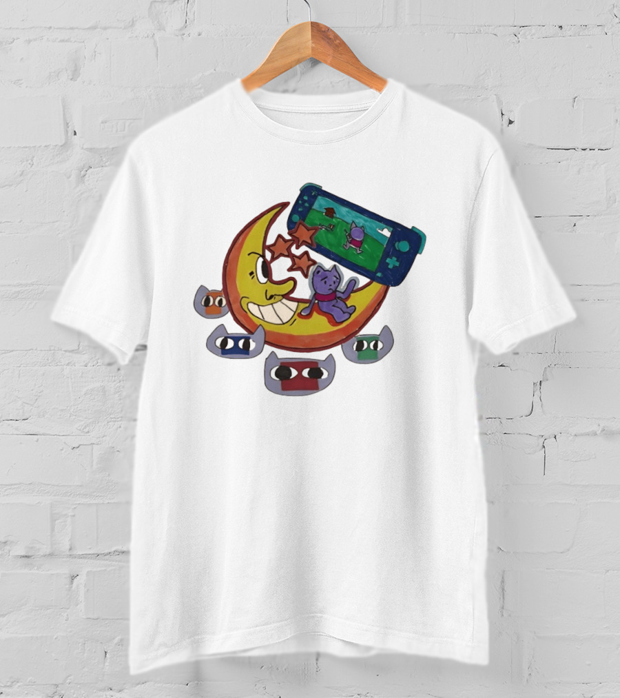 Cartoon Moon And Cat Playing Game With Stars And Colorful Masks T-Shirt
