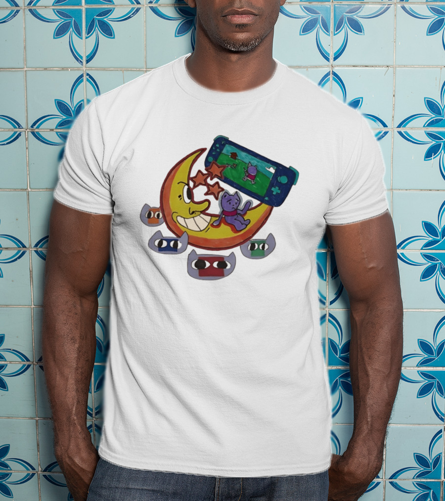 Cartoon Moon And Cat Playing Game With Stars And Colorful Masks T-Shirt