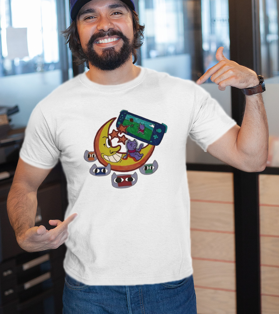 Cartoon Moon And Cat Playing Game With Stars And Colorful Masks T-Shirt