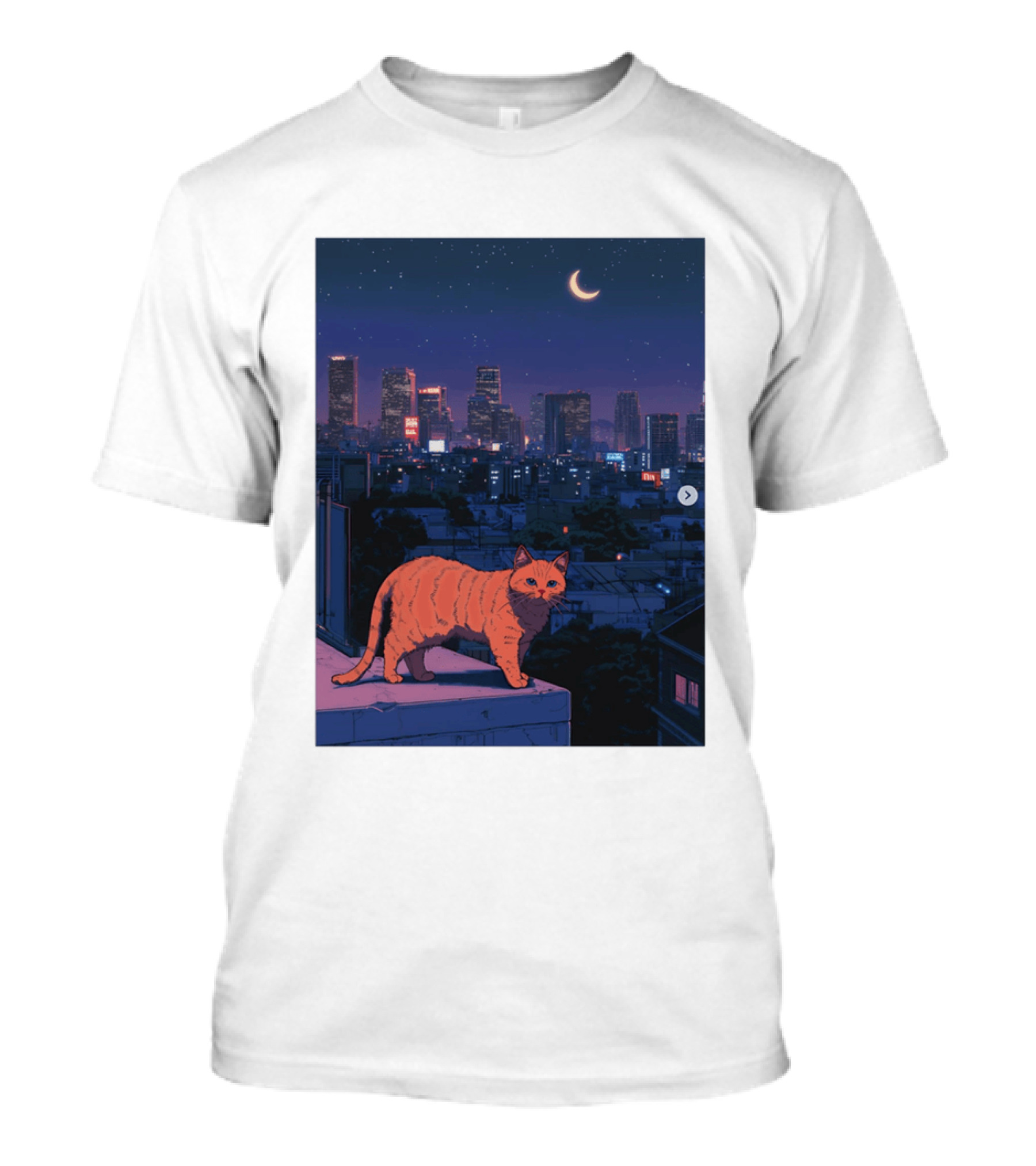 Orange Tabby Cat Under Night Sky Overlooking City Skyline With Crescent Moon T-Shirt