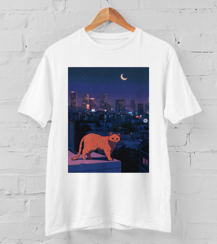 Orange Tabby Cat Under Night Sky Overlooking City Skyline With Crescent Moon T-Shirt