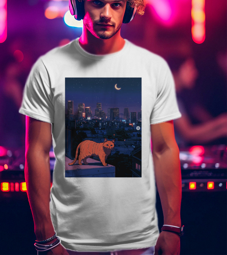 Orange Tabby Cat Under Night Sky Overlooking City Skyline With Crescent Moon T-Shirt