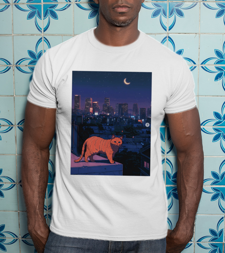 Orange Tabby Cat Under Night Sky Overlooking City Skyline With Crescent Moon T-Shirt