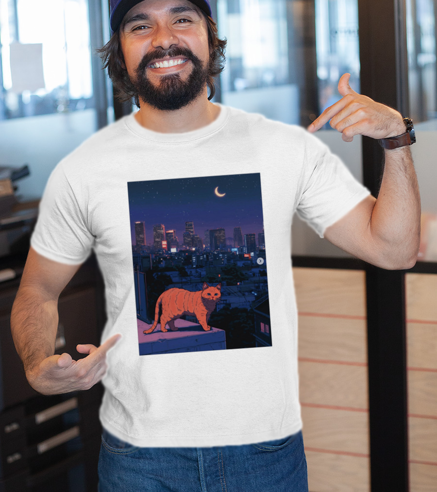 Orange Tabby Cat Under Night Sky Overlooking City Skyline With Crescent Moon T-Shirt