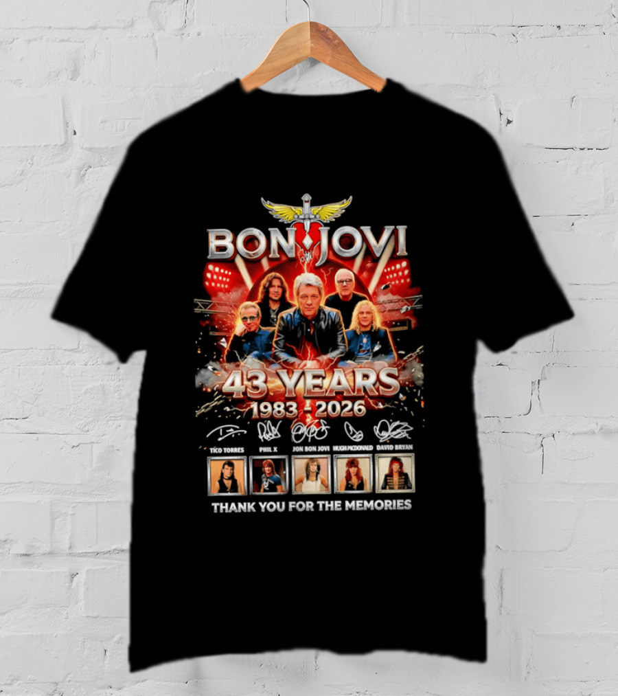Bon Jovi 43 Years Celebration 1983 2026 Thank You For The Memories Signatures T-Shirt