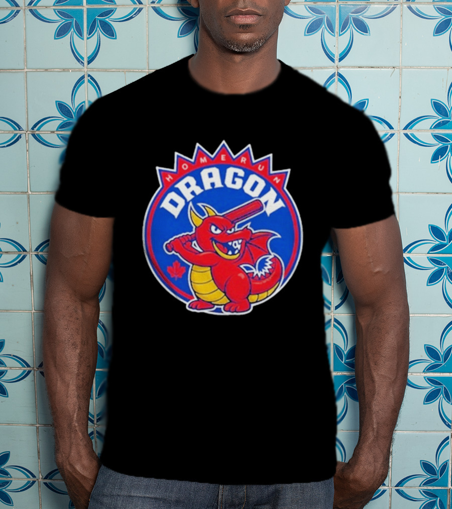 Home Run Dragon Baseball Batting Red Maple Leaf T-Shirt