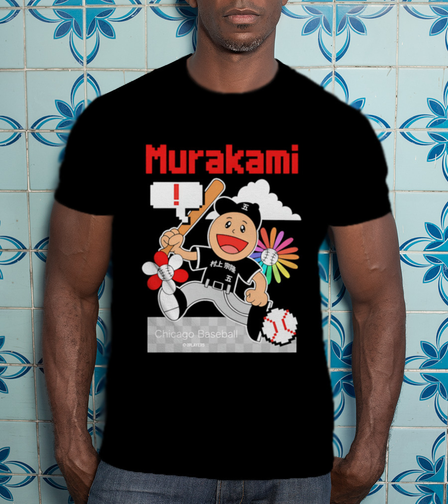Murakami Chicago Baseball IPlayers Animated Character Flower Motif T-Shirt