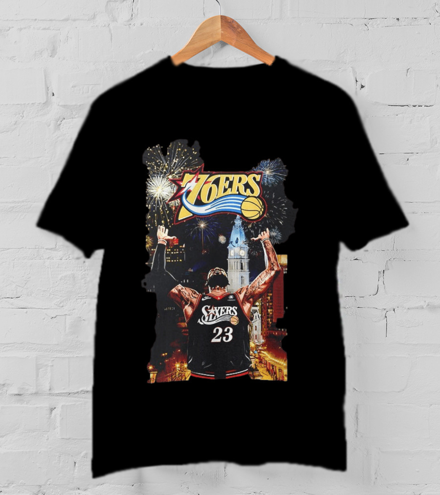 Philadelphia 76ers NBA Basketball 23 Cityscape Fireworks T-Shirt