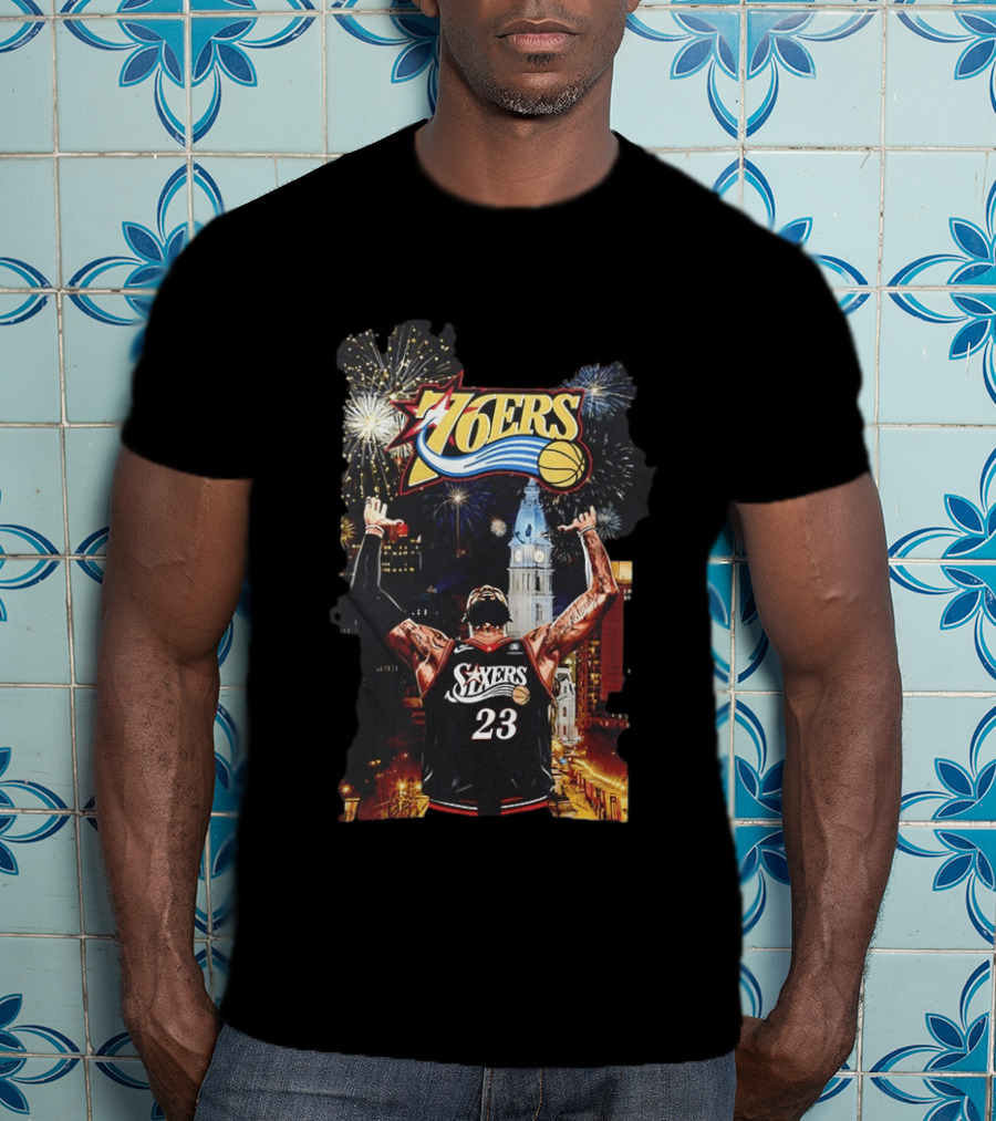 Philadelphia 76ers NBA Basketball 23 Cityscape Fireworks T-Shirt