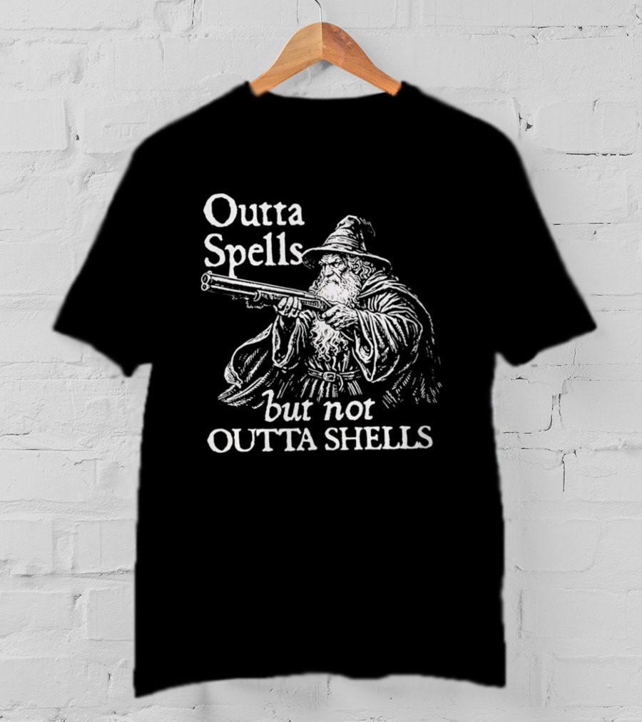 Outta Spells But Not Outta Shells Wizard With Gun Magic T-Shirt
