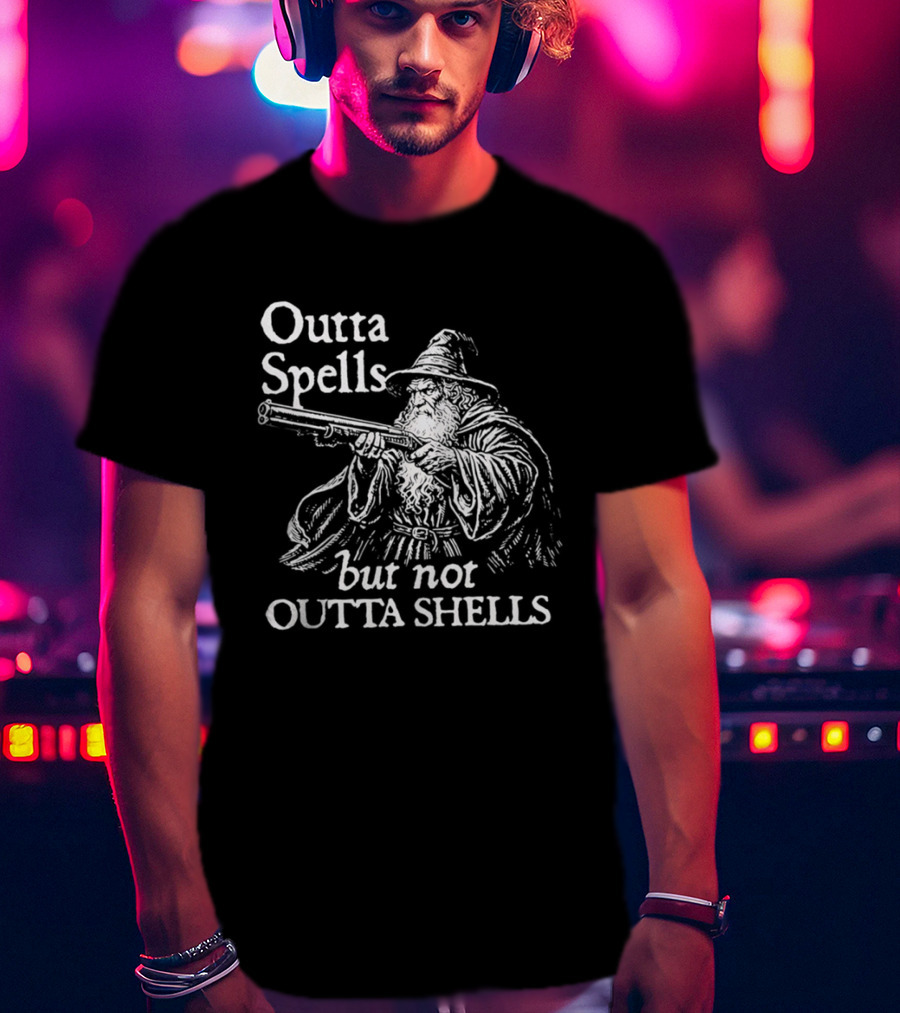 Outta Spells But Not Outta Shells Wizard With Gun Magic T-Shirt