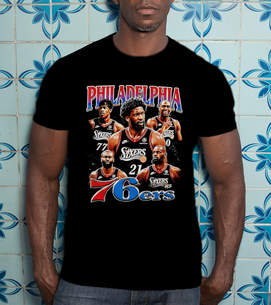Philadelphia 76ers Embiid LeBron Collage 21 77 T-Shirt