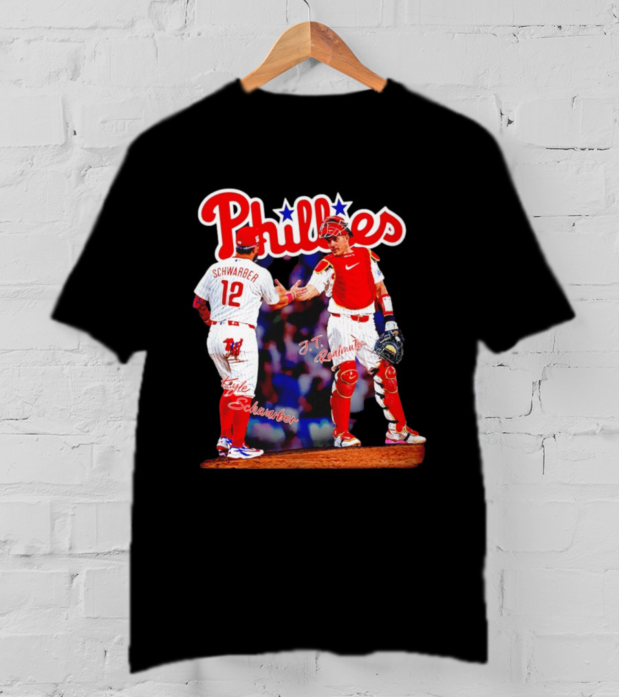 Philadelphia Phillies Kyle Schwarber J Realmuto 12 Catcher Handshake T-Shirt