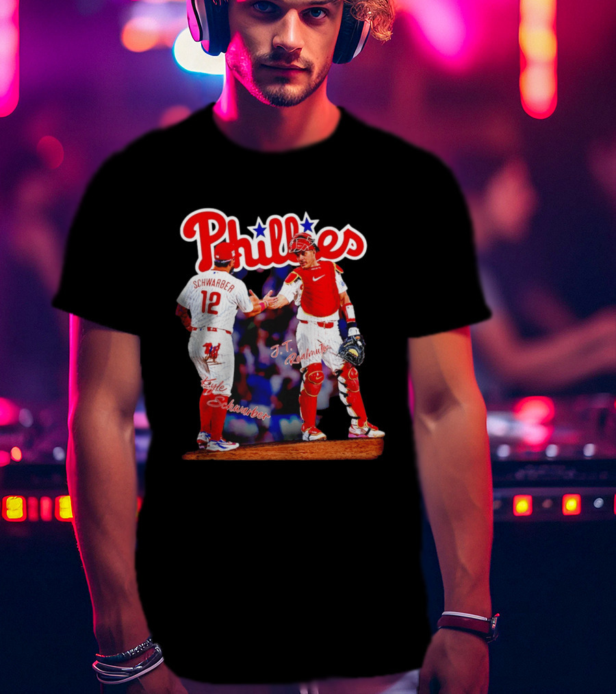 Philadelphia Phillies Kyle Schwarber J Realmuto 12 Catcher Handshake T-Shirt