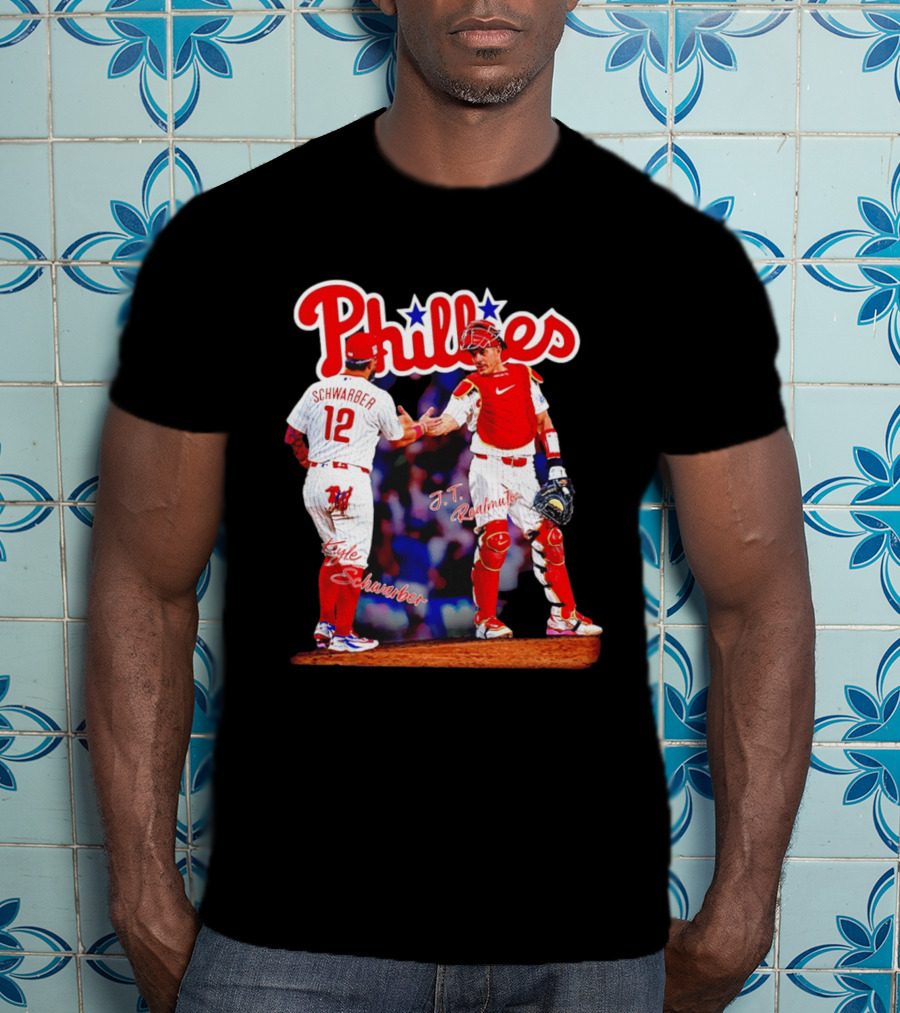 Philadelphia Phillies Kyle Schwarber J Realmuto 12 Catcher Handshake T-Shirt
