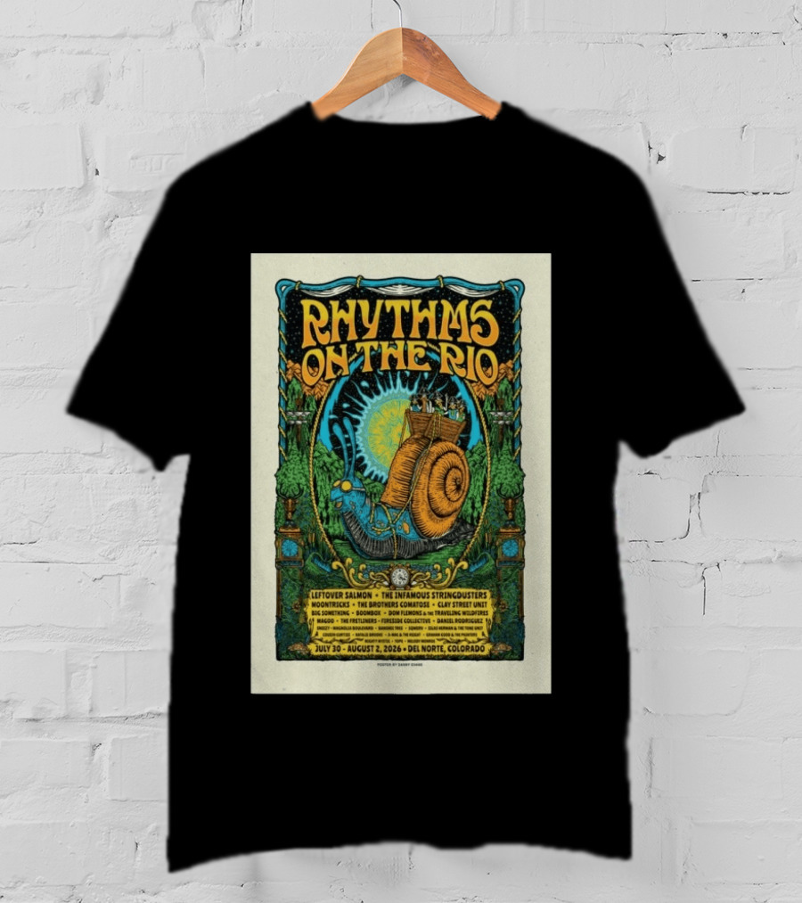 Rhythms On The Rio July 30 August 2 2026 Del Norte Colorado Leftover Salmon The Infamous Stringdusters T-Shirt