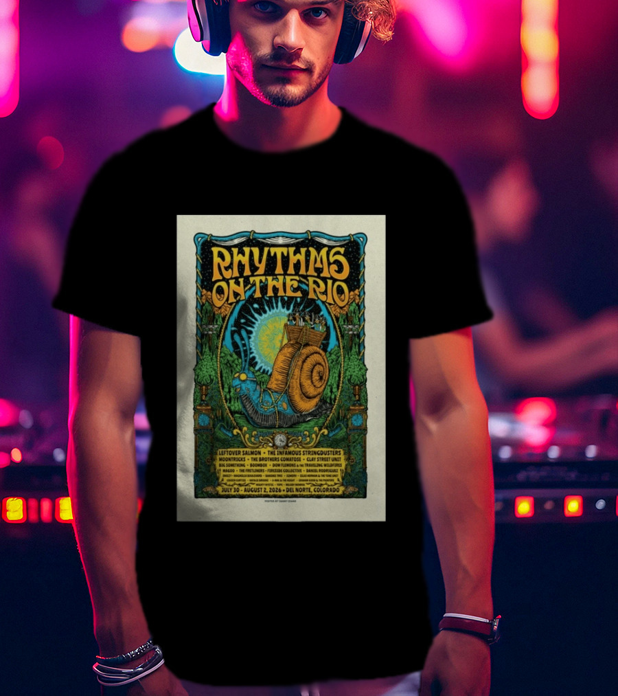 Rhythms On The Rio July 30 August 2 2026 Del Norte Colorado Leftover Salmon The Infamous Stringdusters T-Shirt