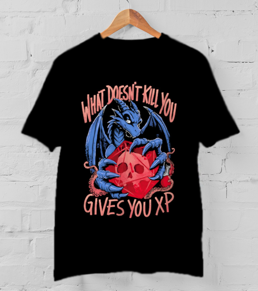 What Doesn't Kill You Gives You XP Blue Dragon Holding Red D20 Skull T-Shirt