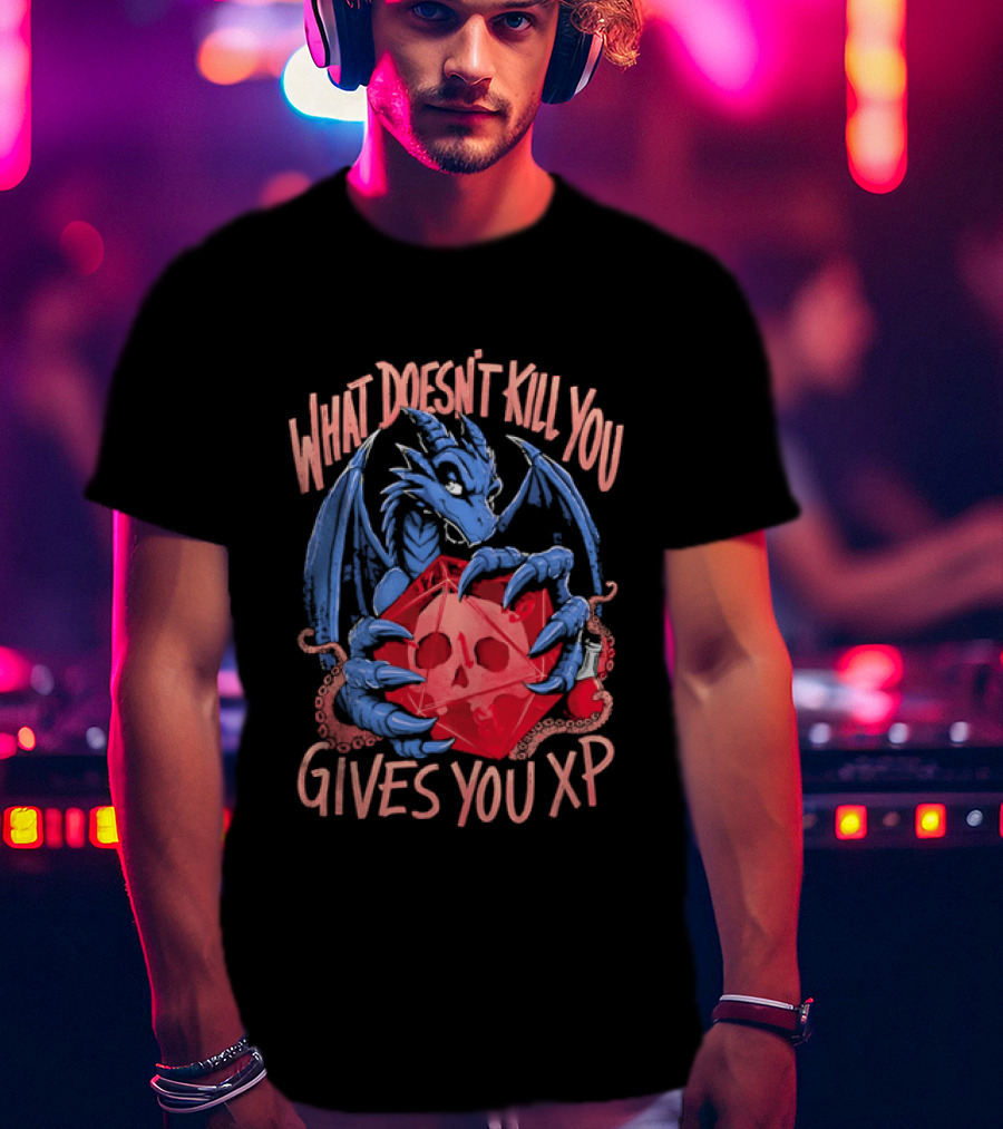 What Doesn't Kill You Gives You XP Blue Dragon Holding Red D20 Skull T-Shirt