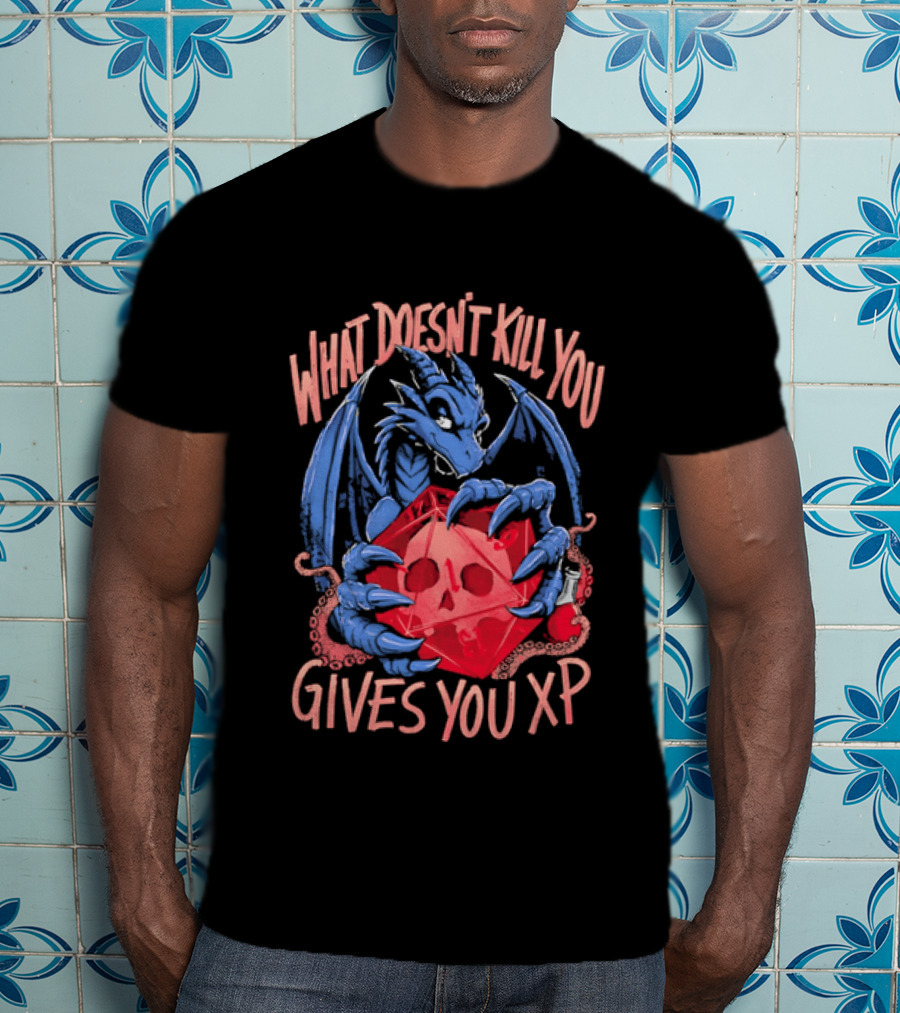 What Doesn't Kill You Gives You XP Blue Dragon Holding Red D20 Skull T-Shirt
