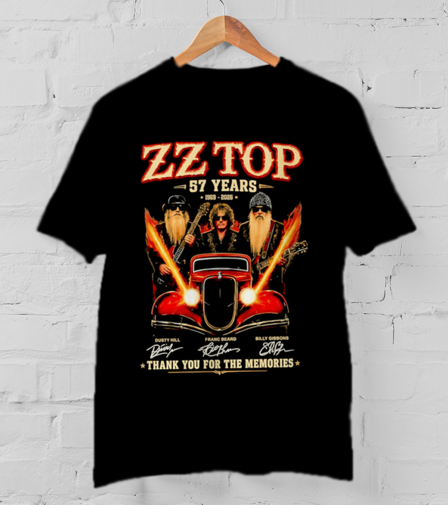 ZZ Top 57 Years 1969 2026 Dusty Hill Franc Beard Billy Gibbons Thank You For The Memories Classic Car And Guitars T-Shirt