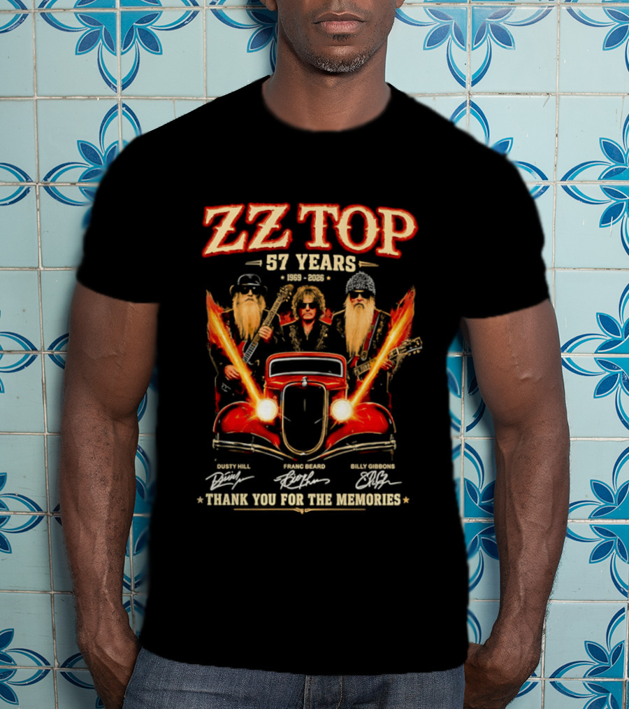 ZZ Top 57 Years 1969 2026 Dusty Hill Franc Beard Billy Gibbons Thank You For The Memories Classic Car And Guitars T-Shirt