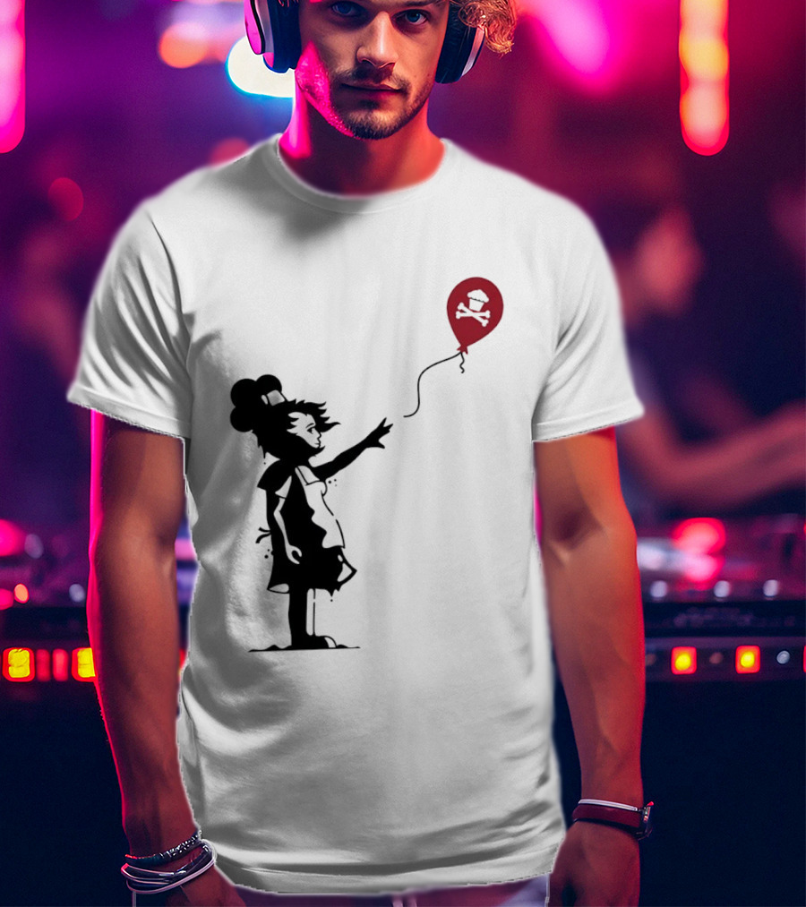 Baker Reaching For Cupcake And Crossbones Balloon Black Silhouette On Red T-Shirt