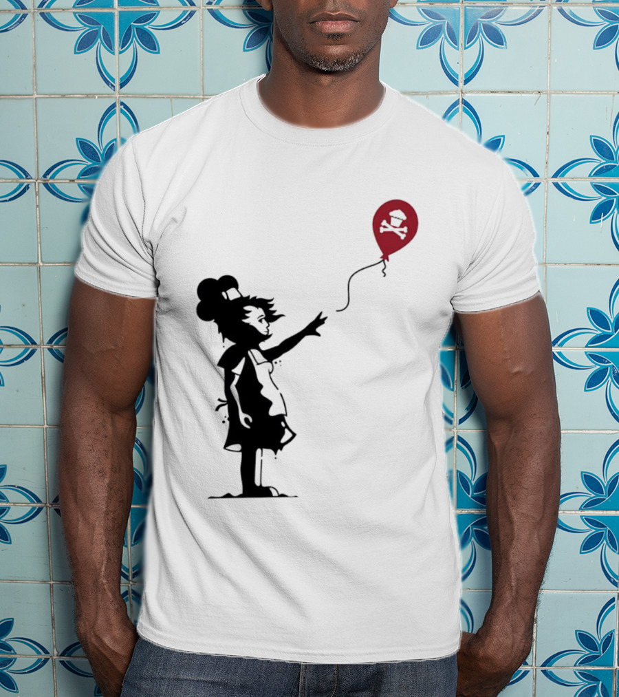 Baker Reaching For Cupcake And Crossbones Balloon Black Silhouette On Red T-Shirt