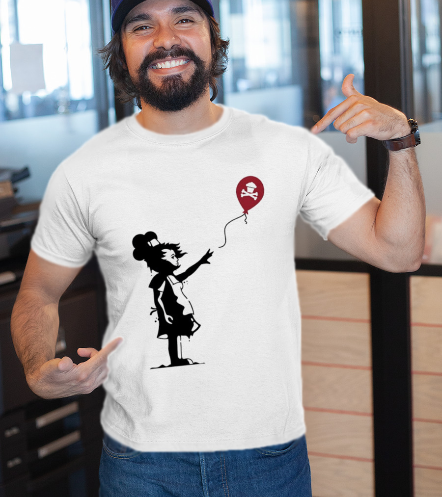 Baker Reaching For Cupcake And Crossbones Balloon Black Silhouette On Red T-Shirt