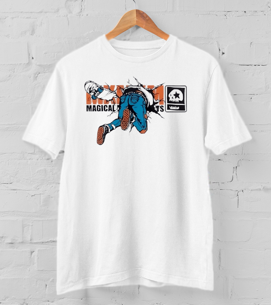 Magical Skateboarder Crashing Through Wall Skull Jeans Brick Wall T-Shirt