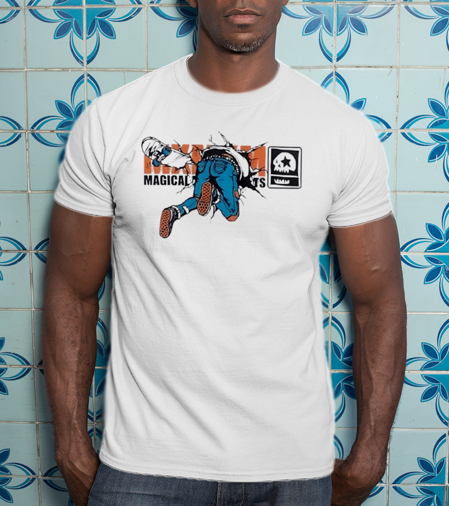Magical Skateboarder Crashing Through Wall Skull Jeans Brick Wall T-Shirt