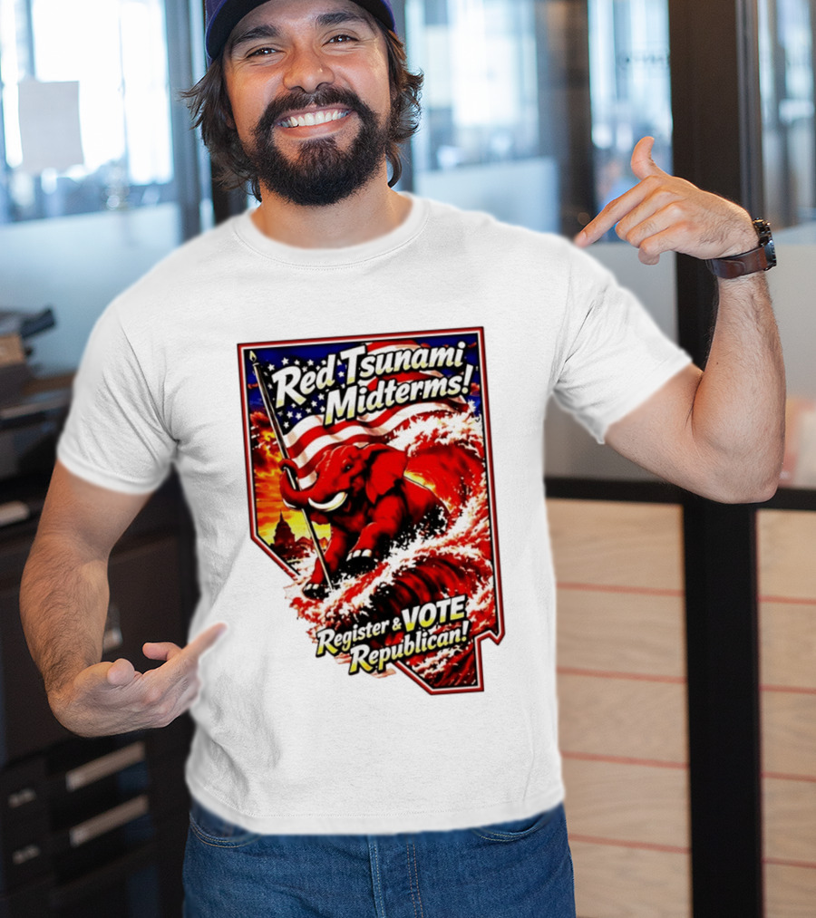 Red Tsunami Midterms Register And Vote Republican Political Elephant With American Flag T-Shirt