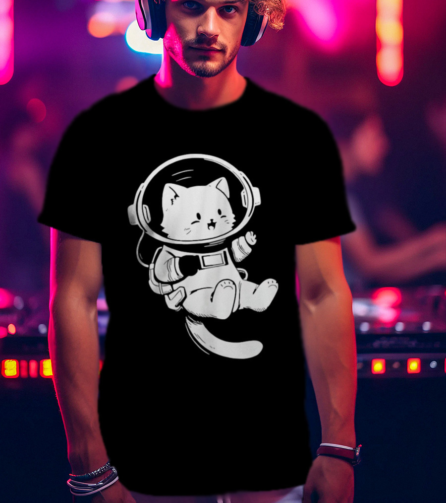 Astronaut Cat Floating In Space Suit Cosmic Adventure T-Shirt