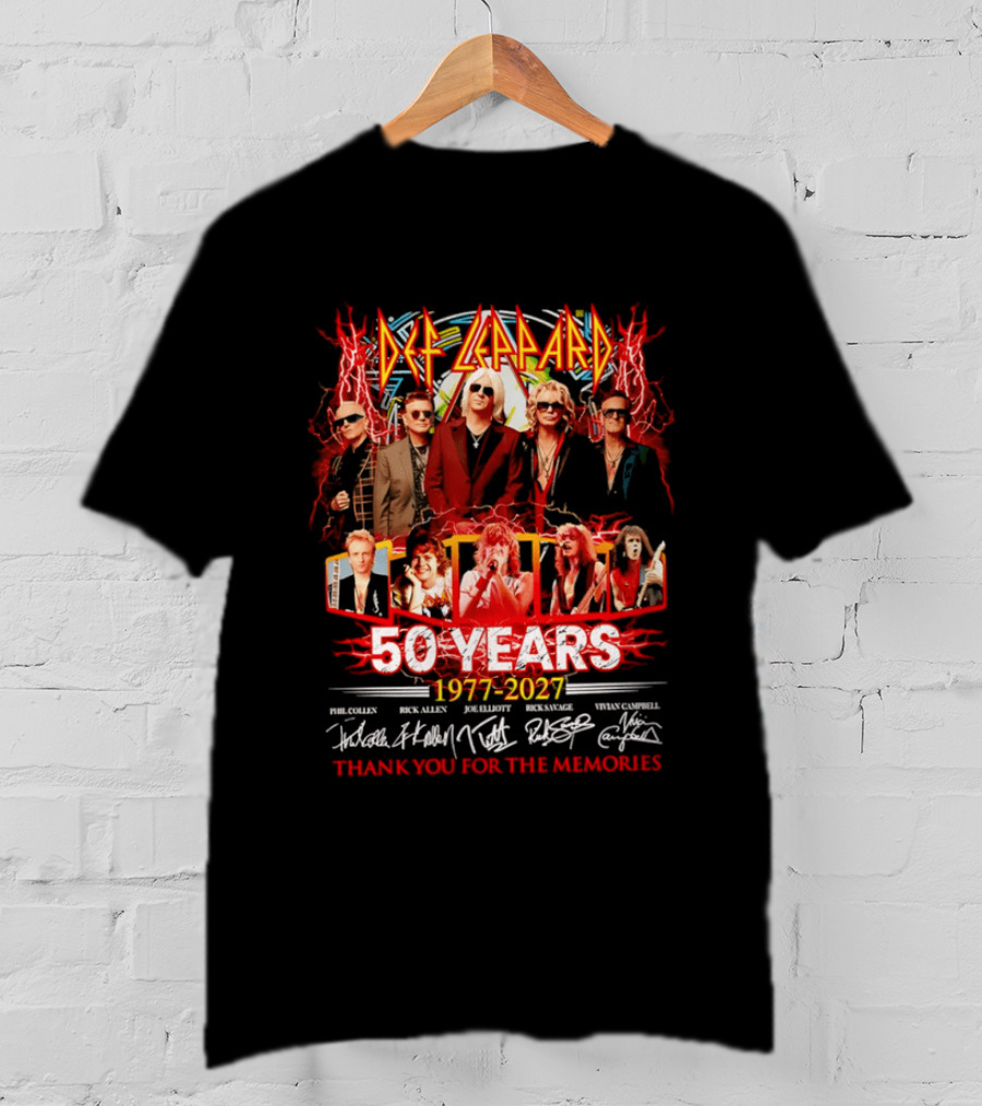 Def Leppard 50 Years 1977 2027 Thank You For The Memories Rock Legends Celebration Autographed Collage T-Shirt