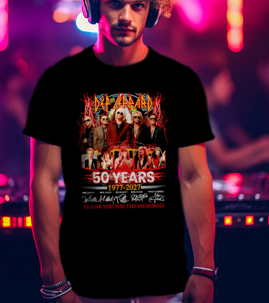 Def Leppard 50 Years 1977 2027 Thank You For The Memories Rock Legends Celebration Autographed Collage T-Shirt
