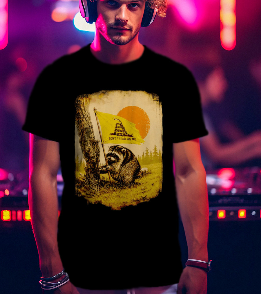 Don't Tread On Me Raccoon Holding Gadsden Flag Rustic Sun T-Shirt