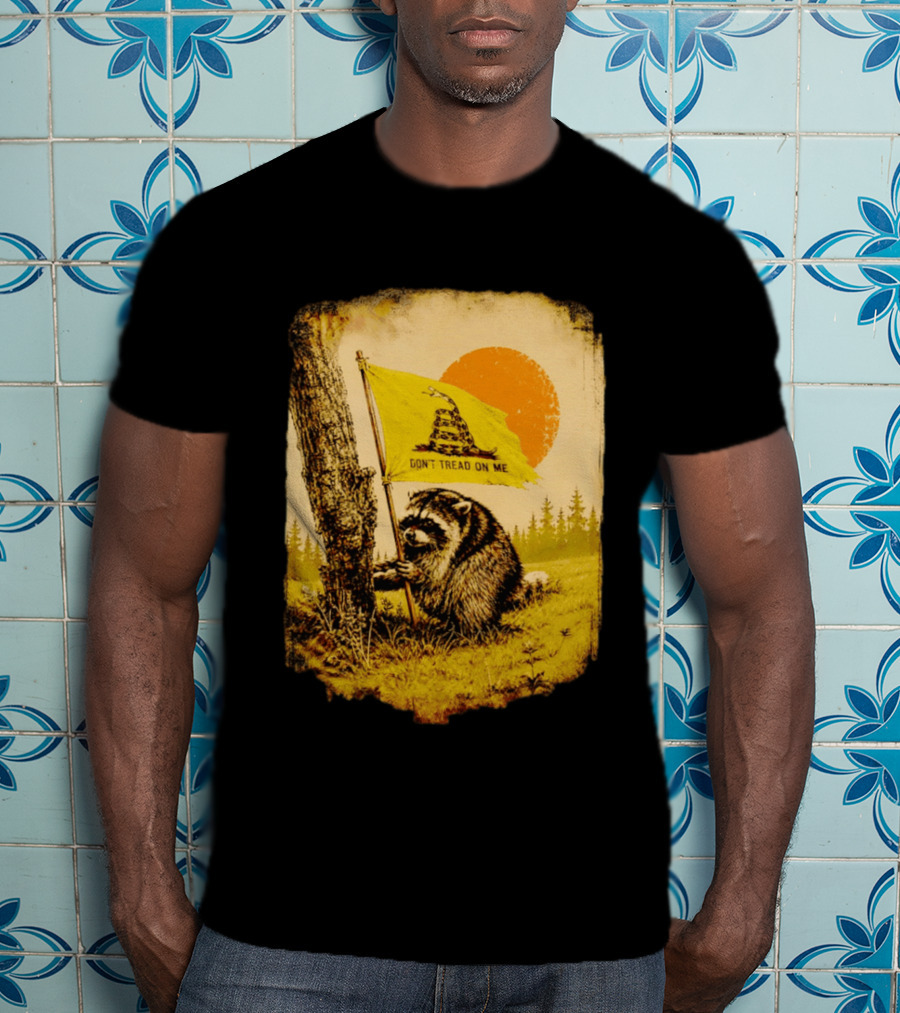 Don't Tread On Me Raccoon Holding Gadsden Flag Rustic Sun T-Shirt