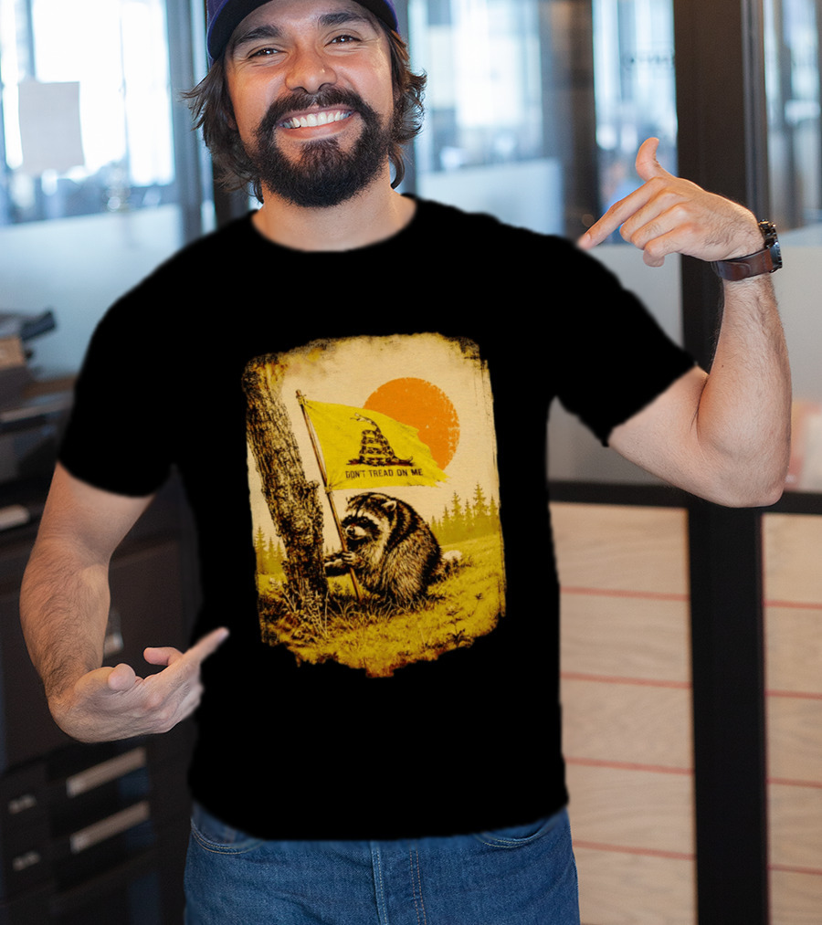 Don't Tread On Me Raccoon Holding Gadsden Flag Rustic Sun T-Shirt