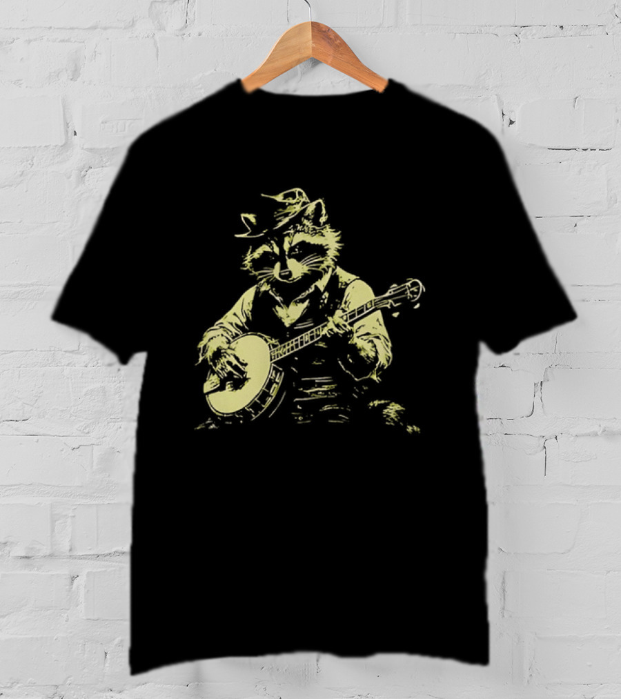 Raccoon Strumming Banjo Wearing Hat And Vest T-Shirt