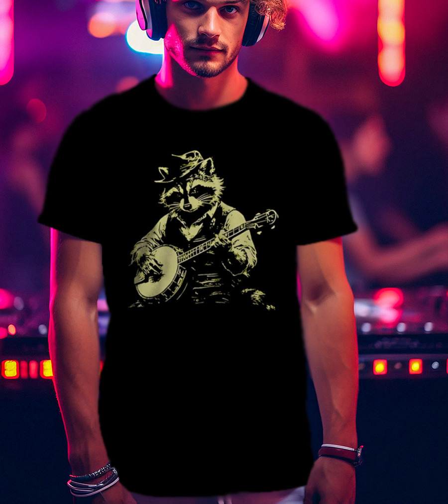Raccoon Strumming Banjo Wearing Hat And Vest T-Shirt