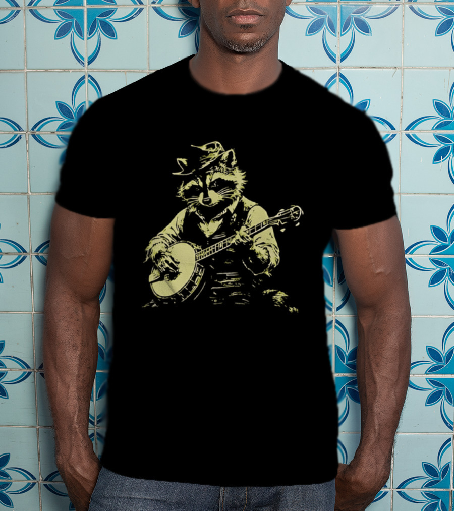 Raccoon Strumming Banjo Wearing Hat And Vest T-Shirt