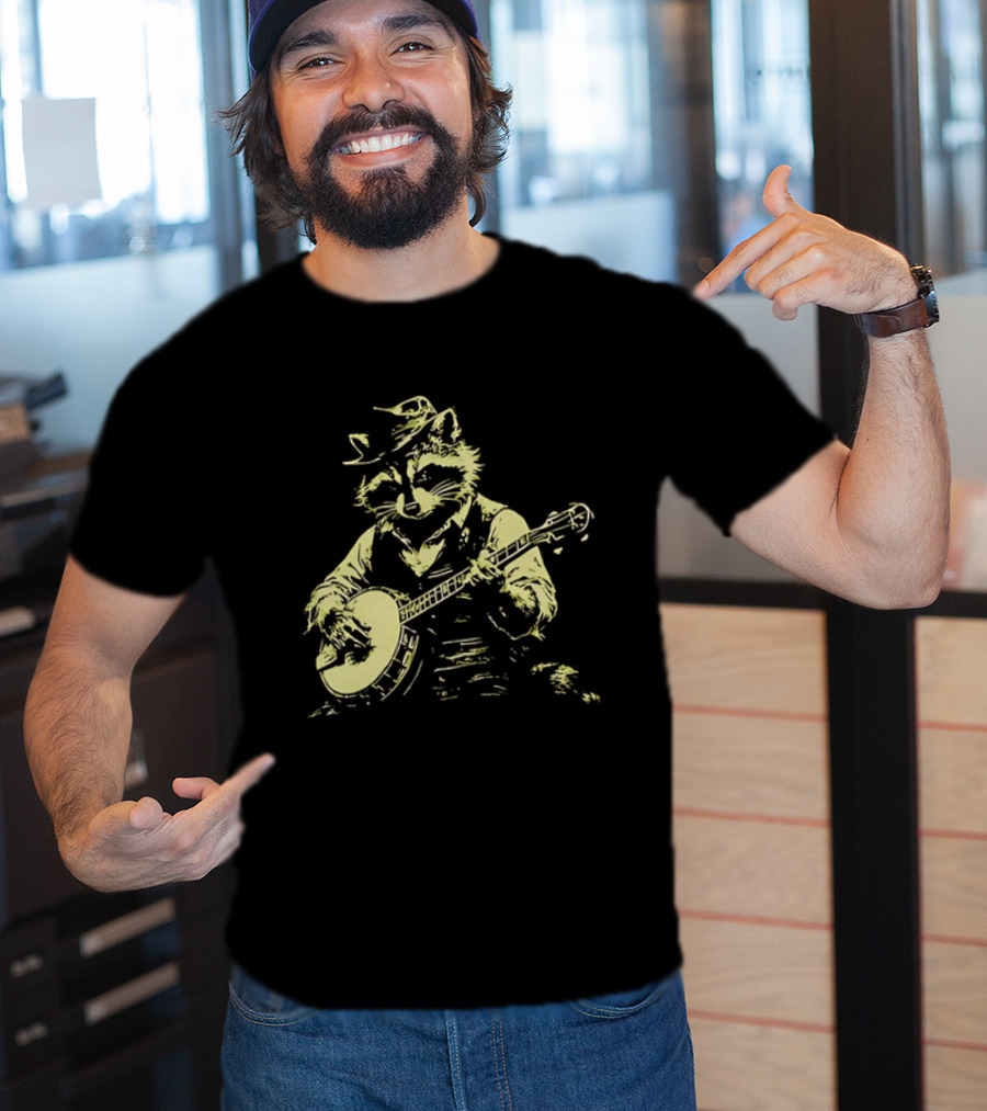 Raccoon Strumming Banjo Wearing Hat And Vest T-Shirt