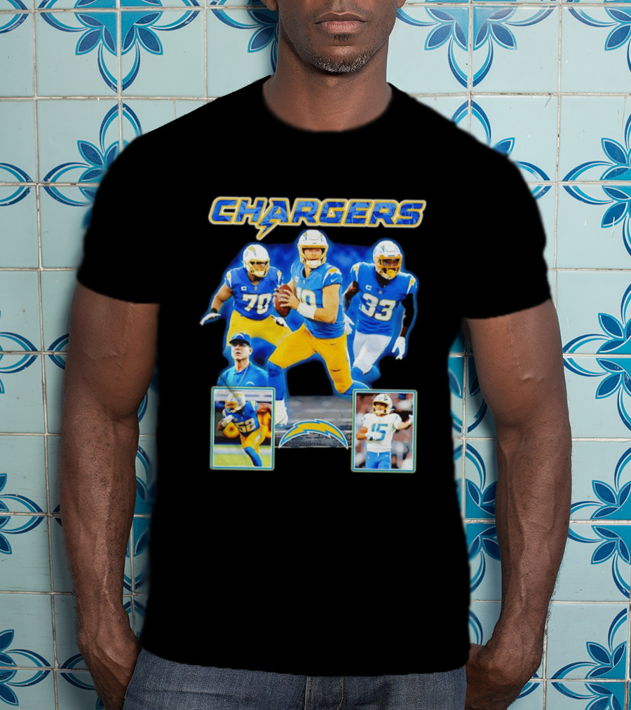 Los Angeles Chargers Players Collage Featuring Quarterback Wide Receiver And Running Back T-Shirt