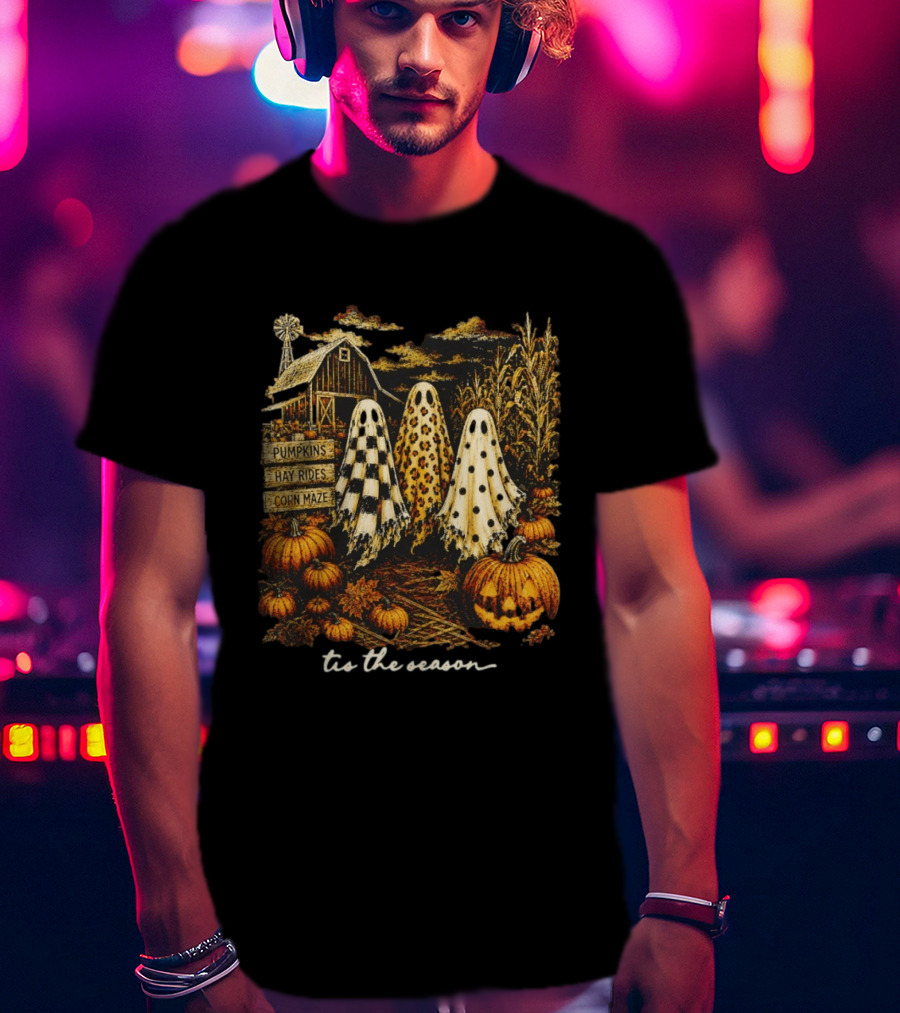 Tis The Season Halloween Ghosts Trio Pumpkins Hay Rides Corn Maze Spooky Autumn T-Shirt