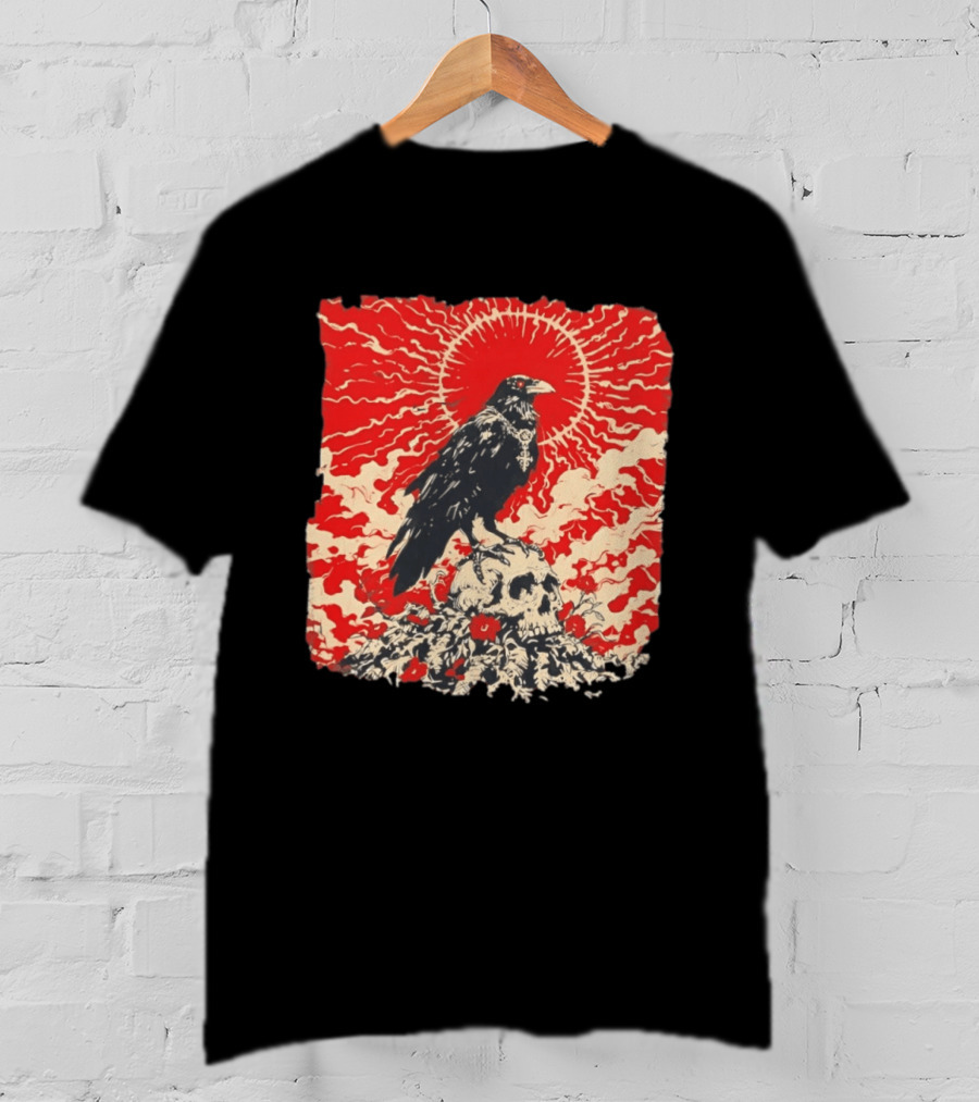 The Crow And The Skull Vintage Gothic Illustration Red Sunburst Mystical T-Shirt