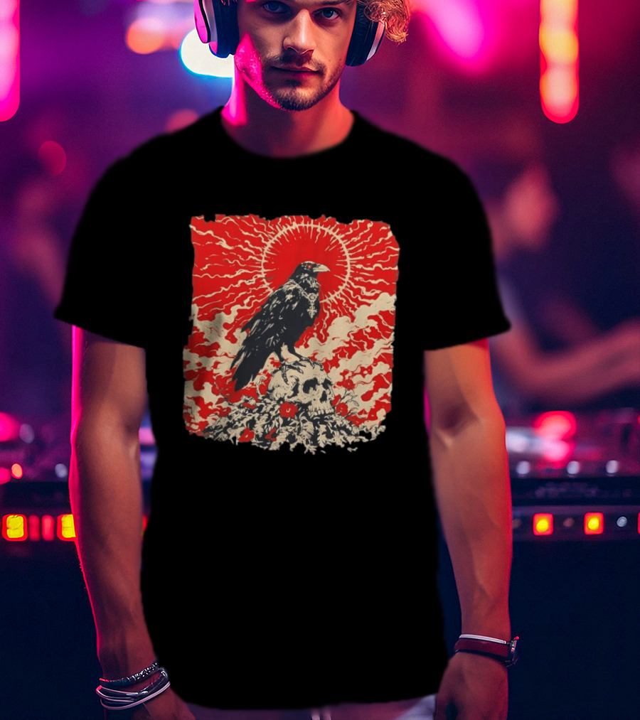 The Crow And The Skull Vintage Gothic Illustration Red Sunburst Mystical T-Shirt