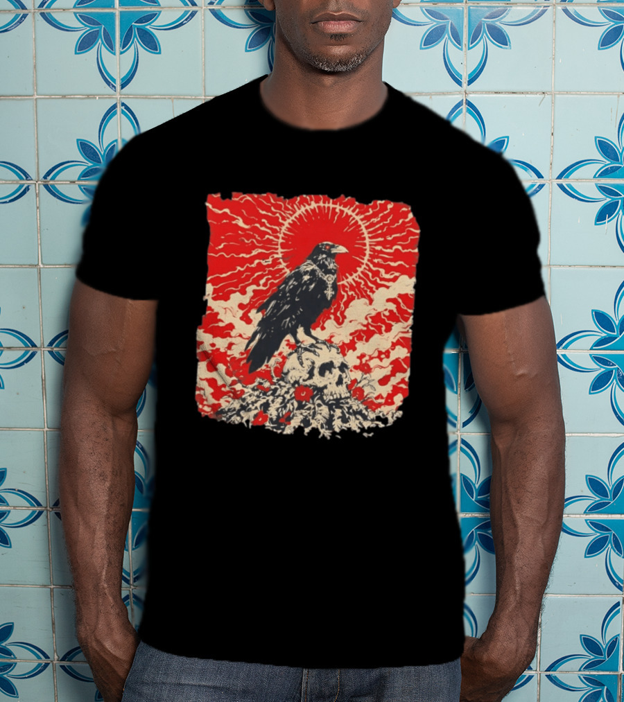 The Crow And The Skull Vintage Gothic Illustration Red Sunburst Mystical T-Shirt